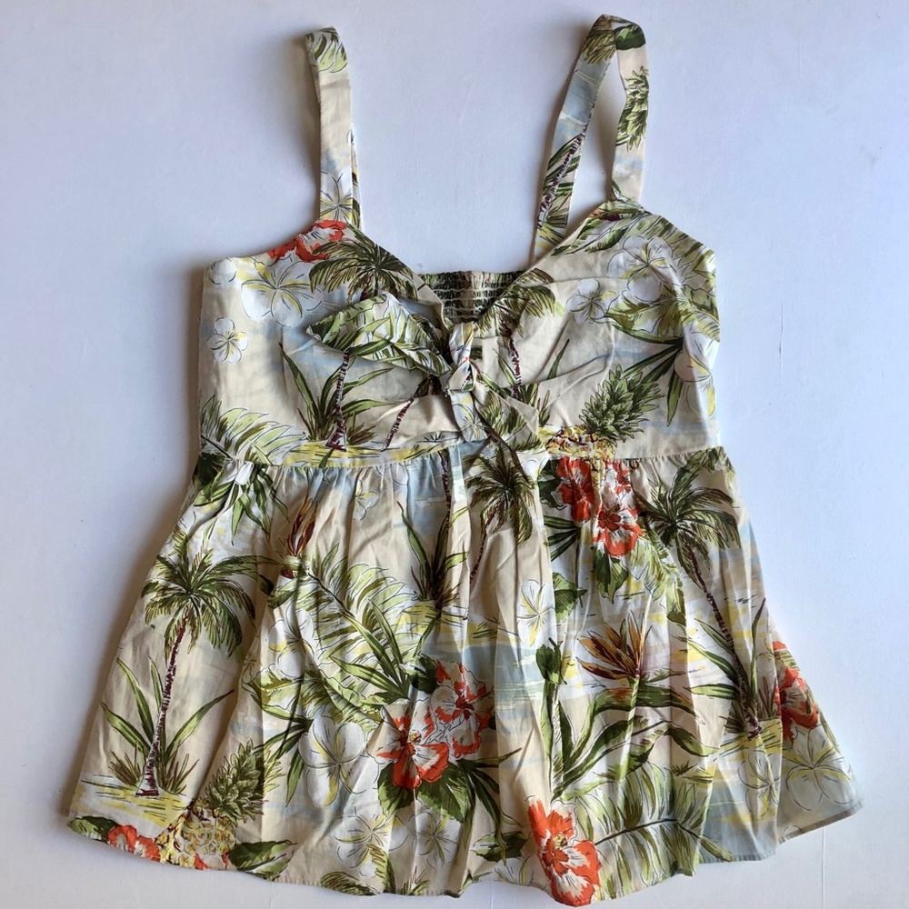 Vintage Tropical Floral Print Tie Front Smocked Tank Top